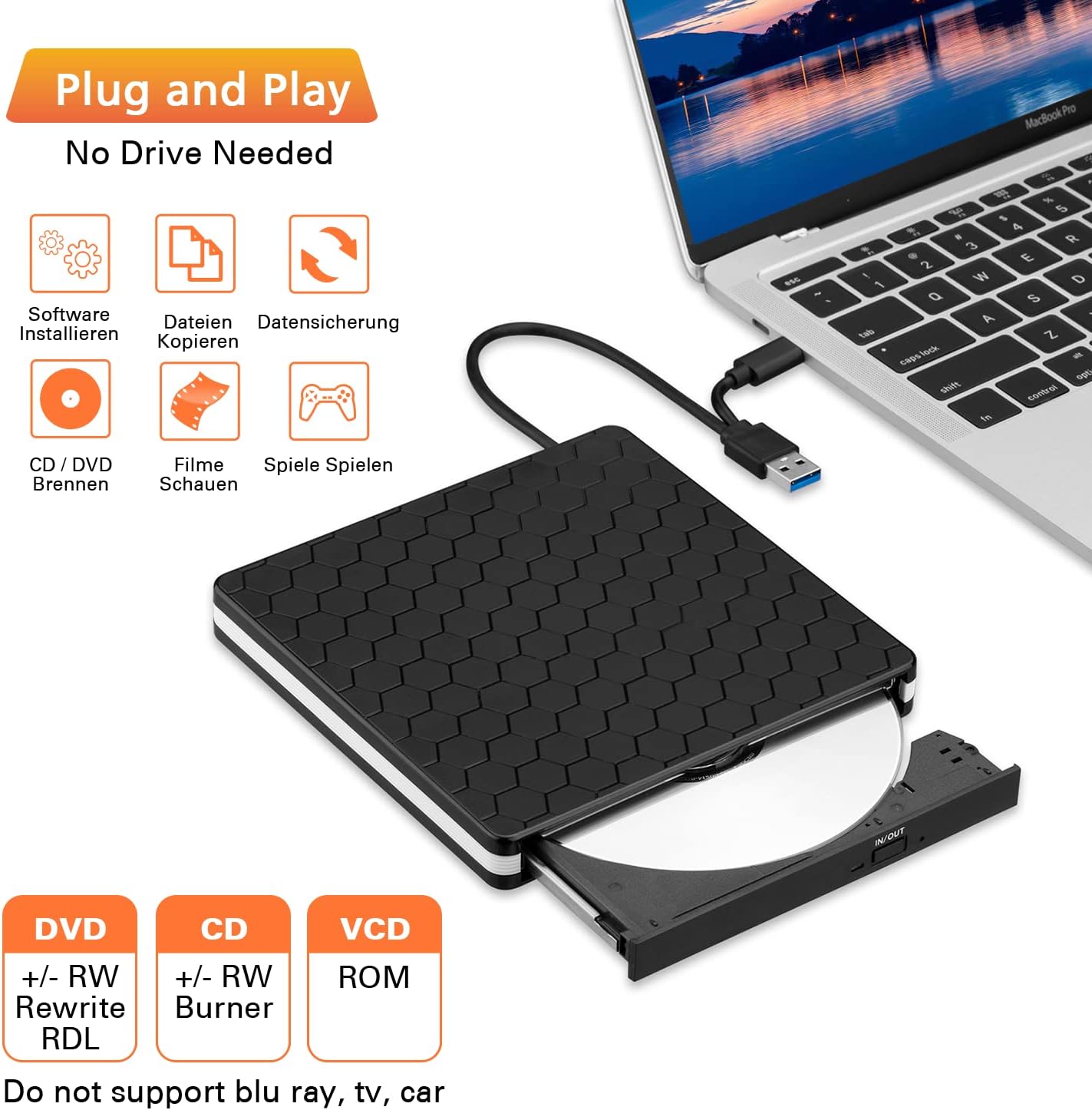 ラップトップ用外付け CD DVD ドライブ、USB 3.0 USB C CD バーナーポータブル DVD /-RW ドライブ CD プレーヤーリーダーライターレコーダーデスクトップ用