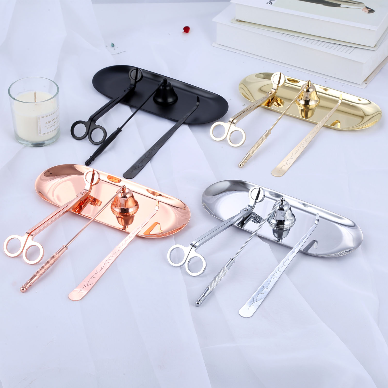 4 ピース/キットキャンドルベル嗅ぎ芯トリマーフックトレイひしゃくキャンドルはさみアクセサリーステンレス鋼消火器炎の装飾