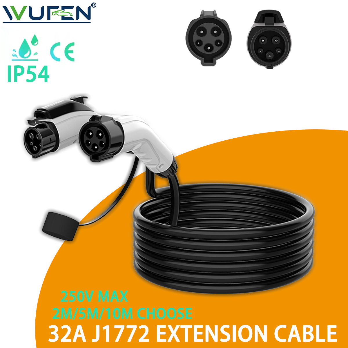 WUFEN 32A 2 メートル/5 メートル/10 メートル電気自動車 J1772 延長コード充電 J1772 メスプラグからタイプ 1 オスプラグ電気自動車用