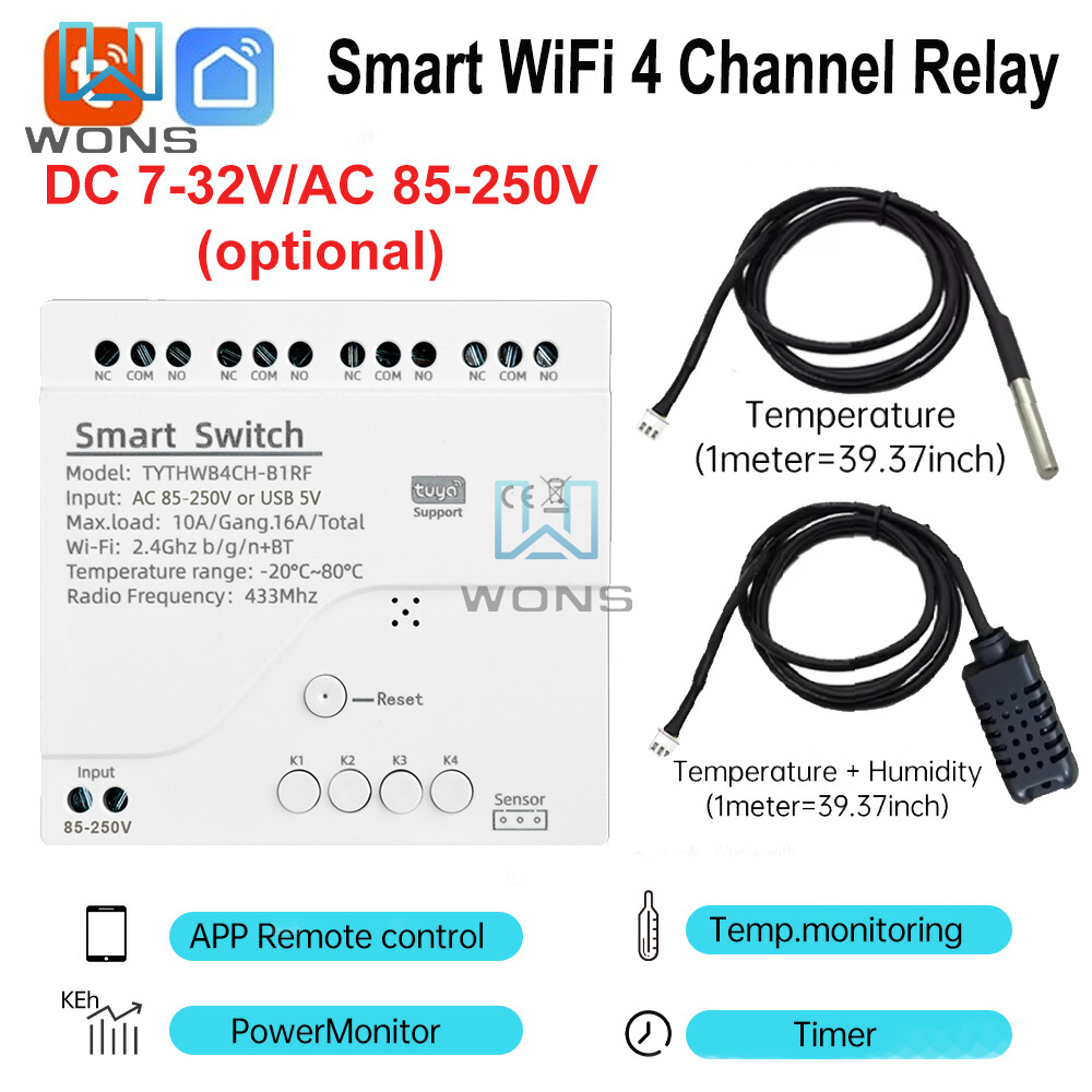110V 220V Tuya スマート WiFi 4 チャンネルリレー温度湿度センサーパッシブドライ接点スイッチ Alexa アリス互換