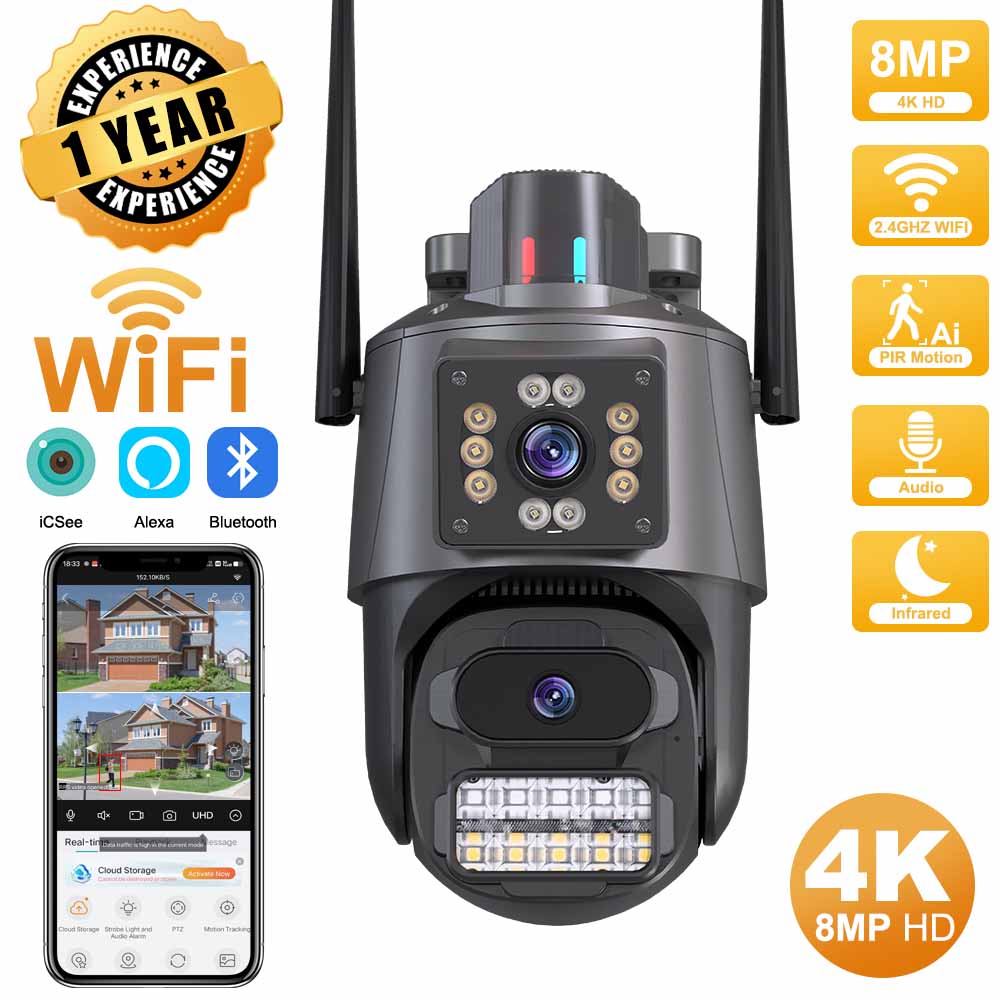 4K HD デュアルレンズ WIFI カメラ 2K デュアルスクリーン PTZ カメラ屋外自動追跡セキュリティカメラ防水監視 ICSEE
