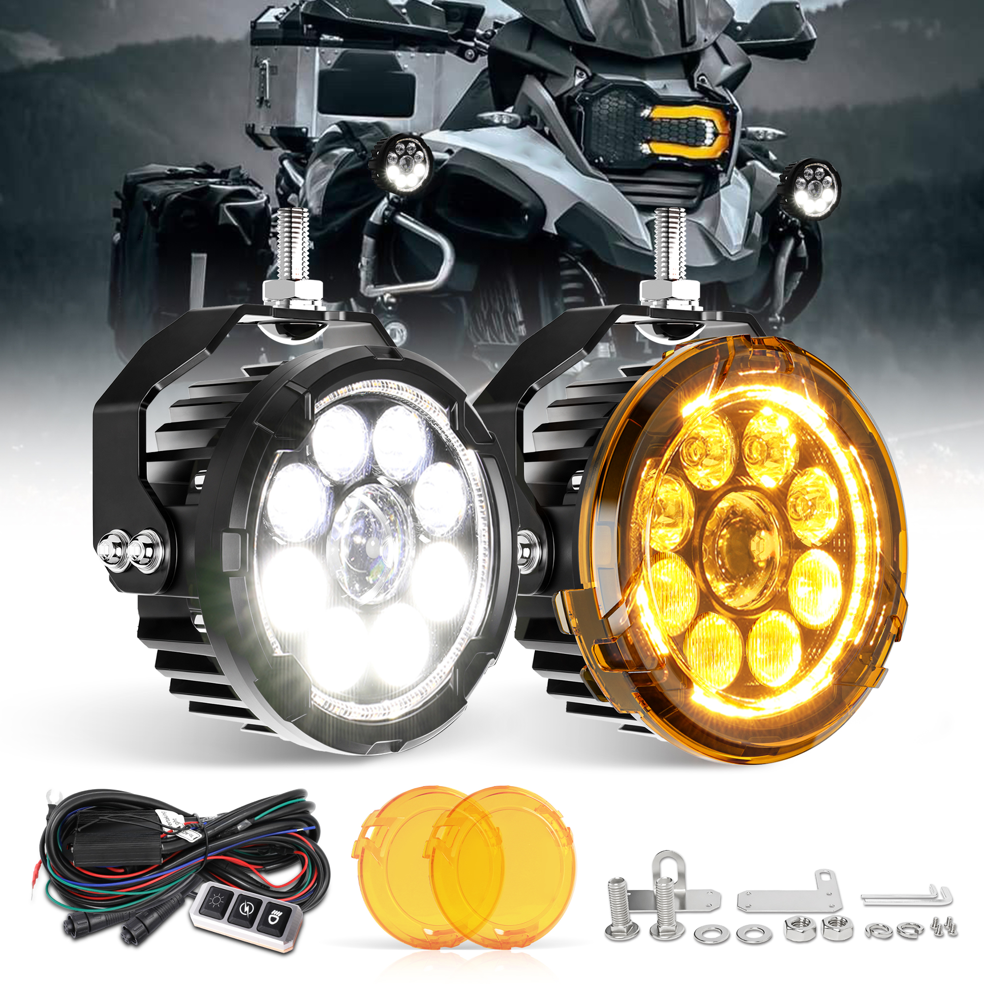 HL ラウンド 4.5 インチバイクスポットライトフロントバンパー補助ランプアンバー DRL スポット/フラッドビームオフロード使用 BMW R1200GS R1250GS