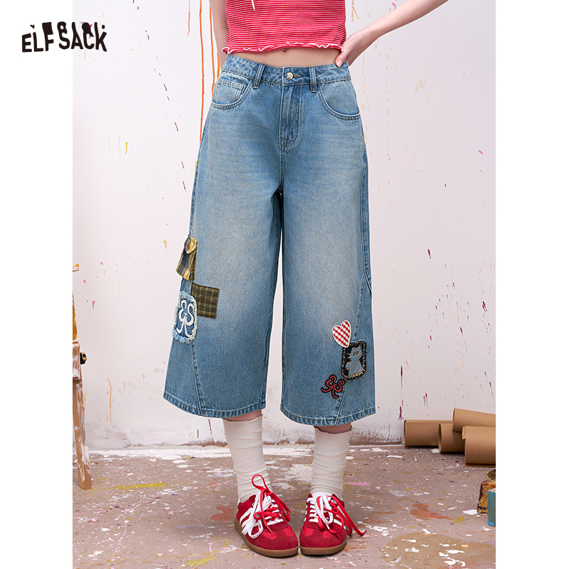 ELFSACK パッチワーク アップリケ付き ハイウエスト ワイドレッグ ジーンズ レディース