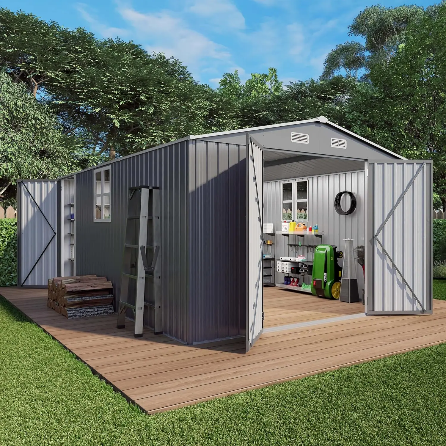 10x14x6.7フィート屋外収納小屋、ロック可能なドア付き亜鉛メッキ鋼庭小屋