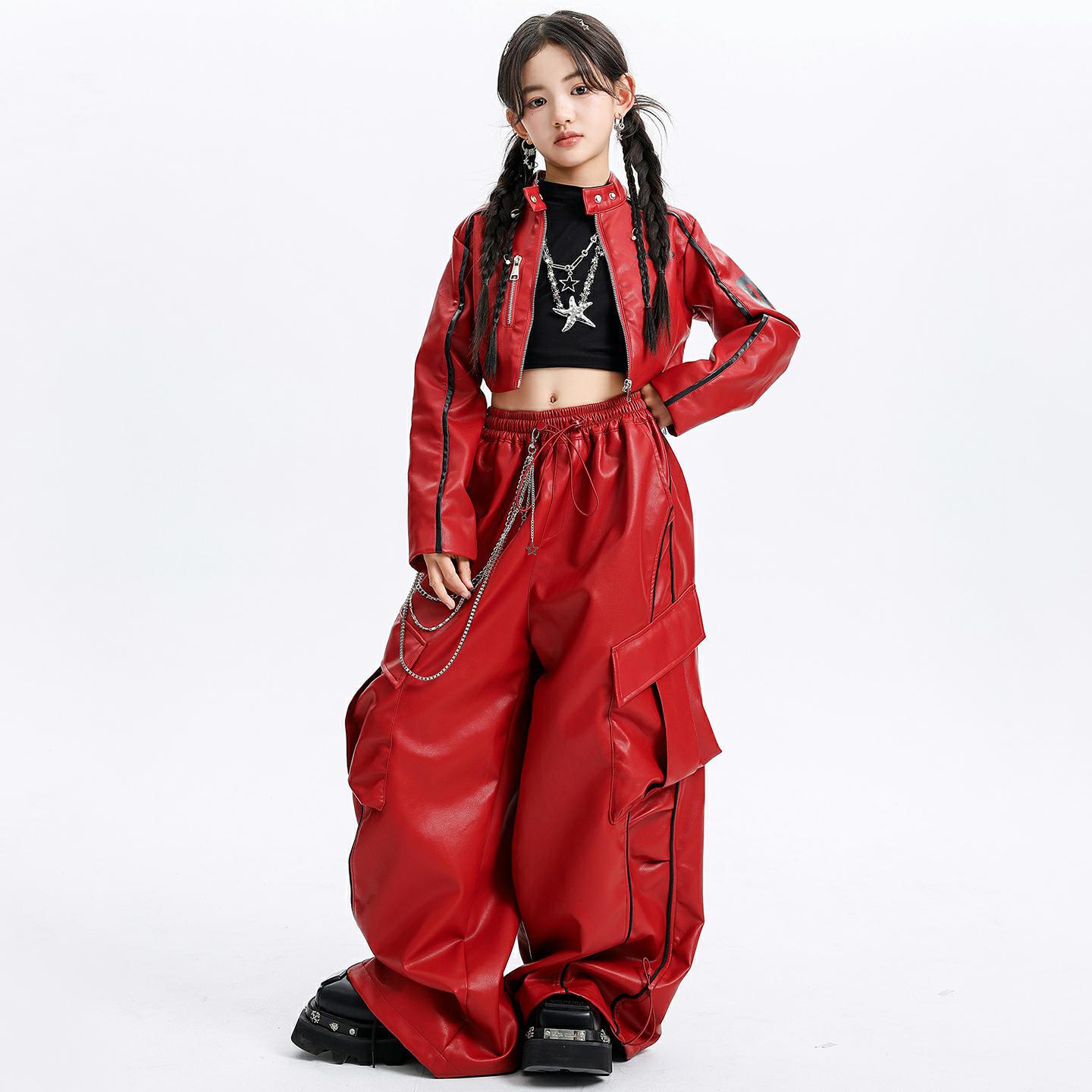 Kid Kpop Hip Hop Clothing Red Faux Leather Zip up Crop Jacket PU Street Wide Striped Cargo Pants for Girl Dance Costumes Clothes