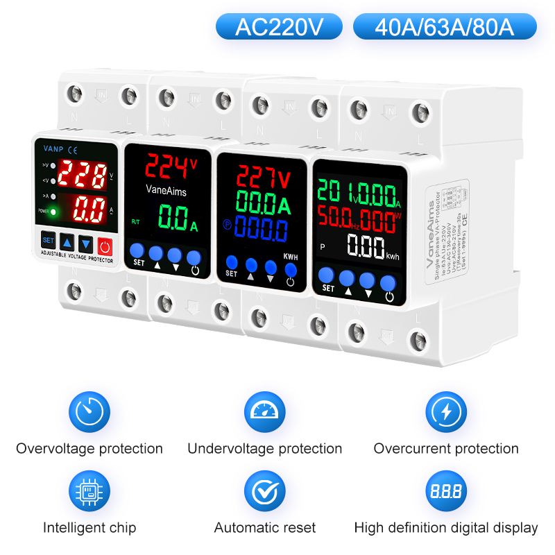 VaneAims AC220V 調整可能な過不足電圧プロテクター 40A 63A 80A デジタルディスプレイ過電流プロテクター DIN レールリレー