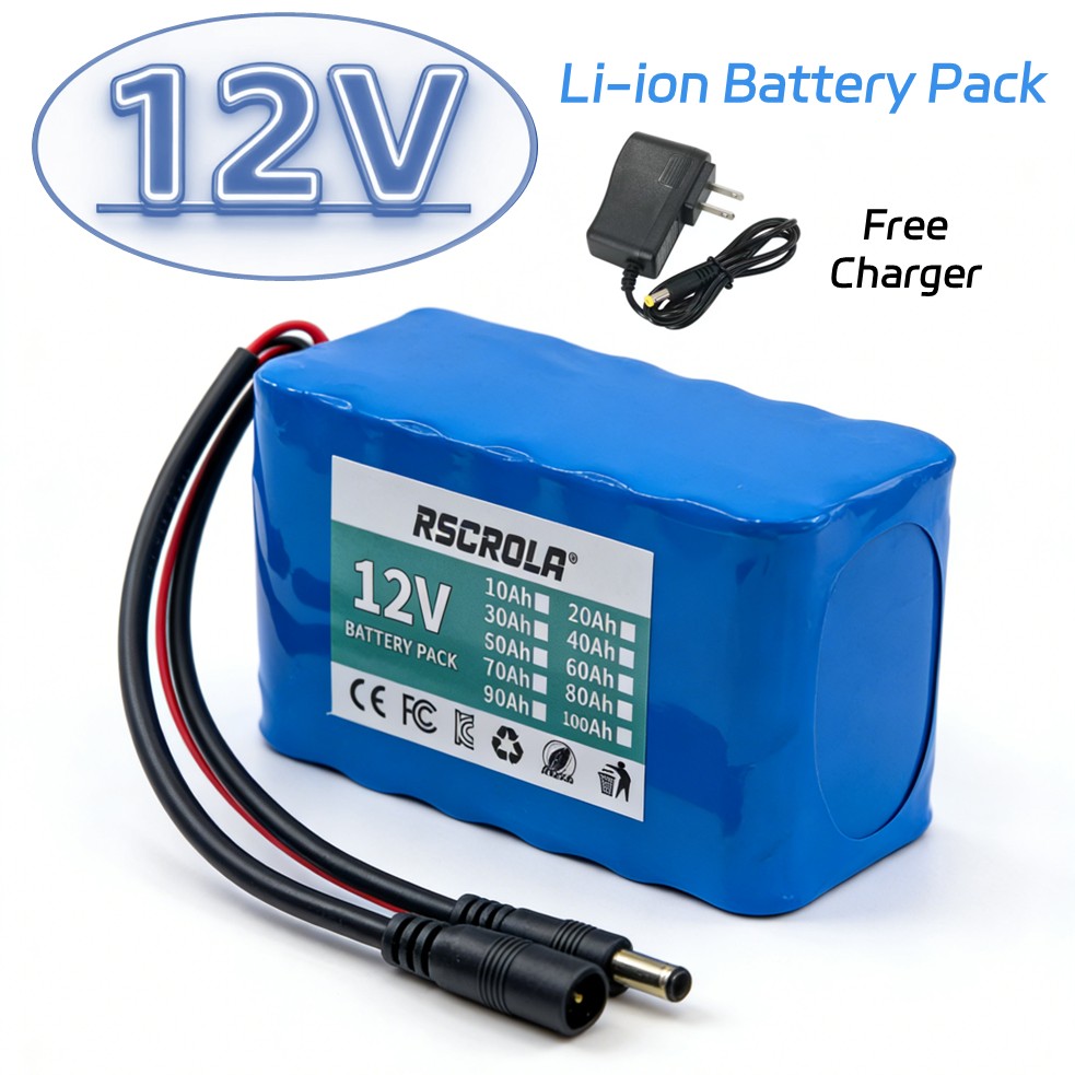 新しい 12V 18650 リチウムイオンバッテリーパック BMS 充電器付き 10Ah 〜 100Ah 大容量充電式 DC12.6V 噴霧器、ルーター、モニター用