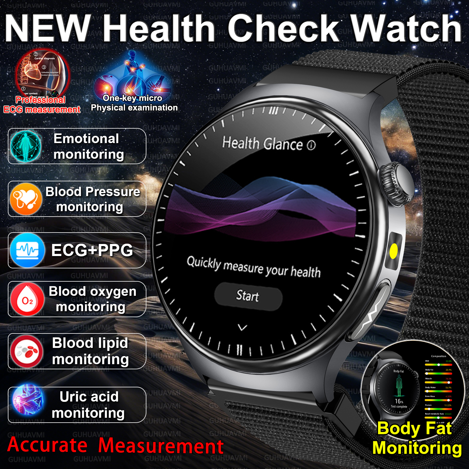 2026 新しい正確な体の健康分析スマートウォッチ男性 ECG 血中脂質尿酸血圧体脂肪音声通話スマートウォッチ