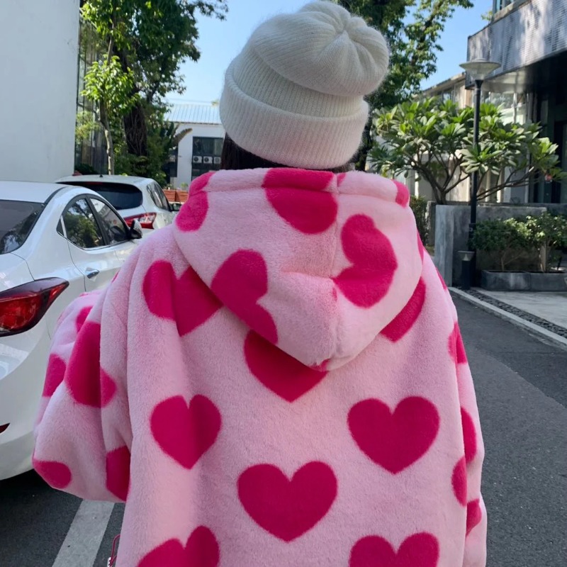 原宿ハート型プリント豪華なジャケットの女性の冬 2025 韓国長袖フード付きコート厚く暖かいカップルストリートアウター