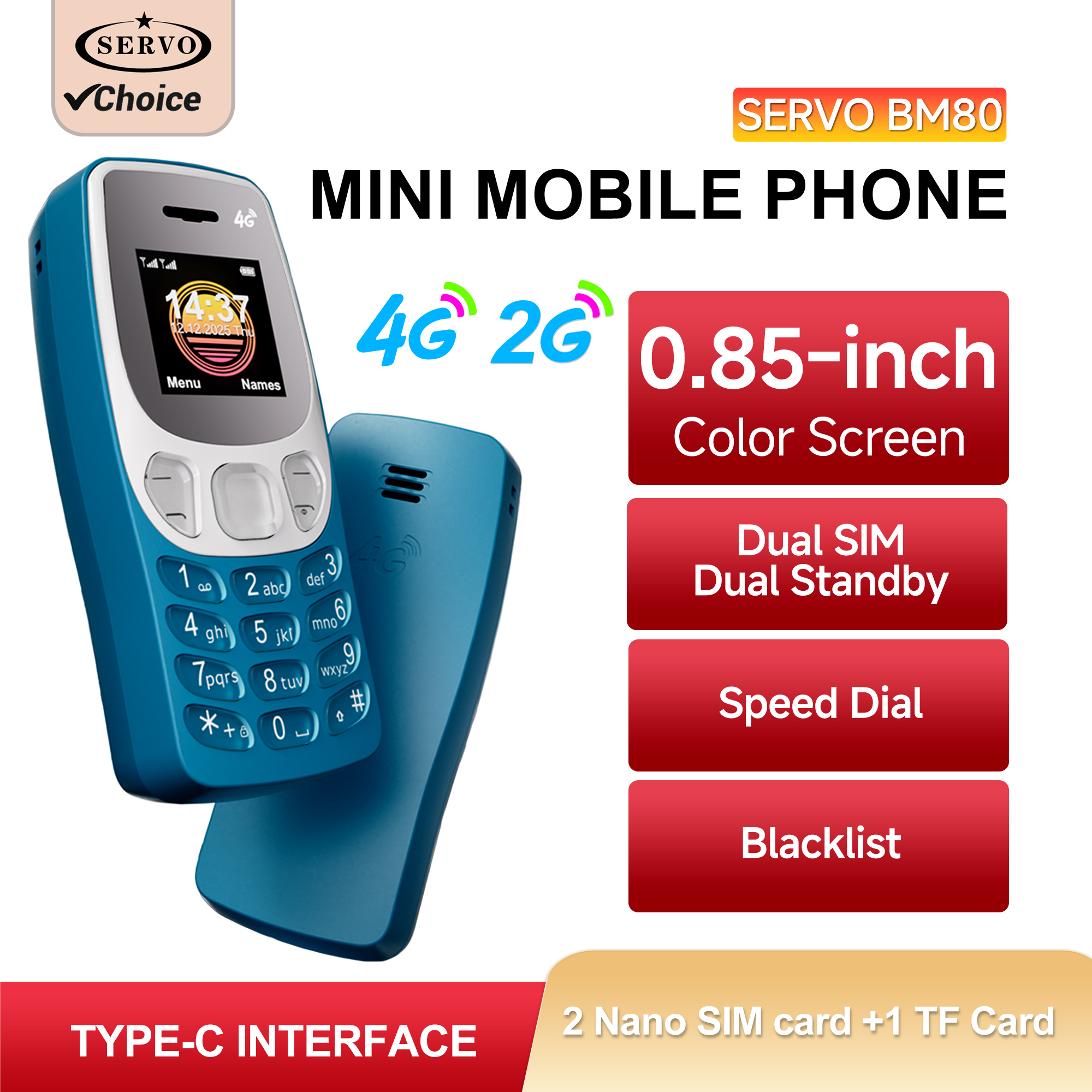サーボ BM80 2 グラム VS 4 グラムミニ携帯電話デュアル SIM スピードダイヤル自動通話録音ブラックリストマジックボイス小型携帯電話タイプ C