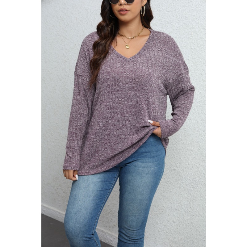 プラスサイズ 1XL-5XL 女性のカジュアルソリッドカラートップリブ長袖 V ネックニットトップ通気性ニット女性のトップ