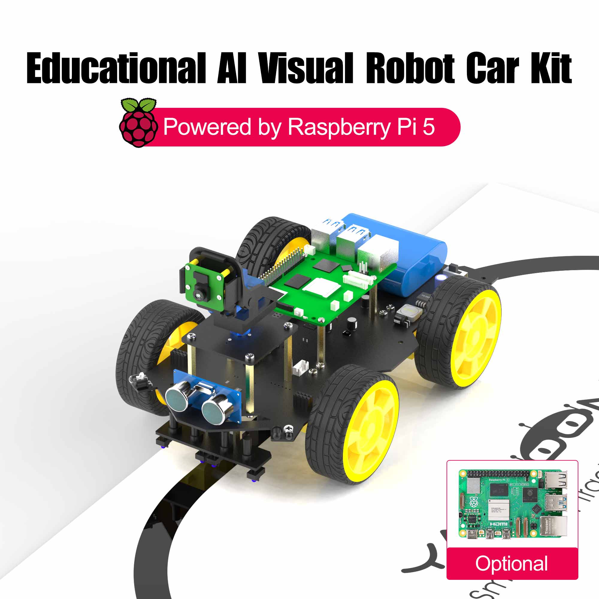 Raspberry Pi 5 スマート AI ビジョン 4WD ロボットカー電子キット DIY 学習プロジェクト フルセット FPV カメラ付き (RPi ボードなし)