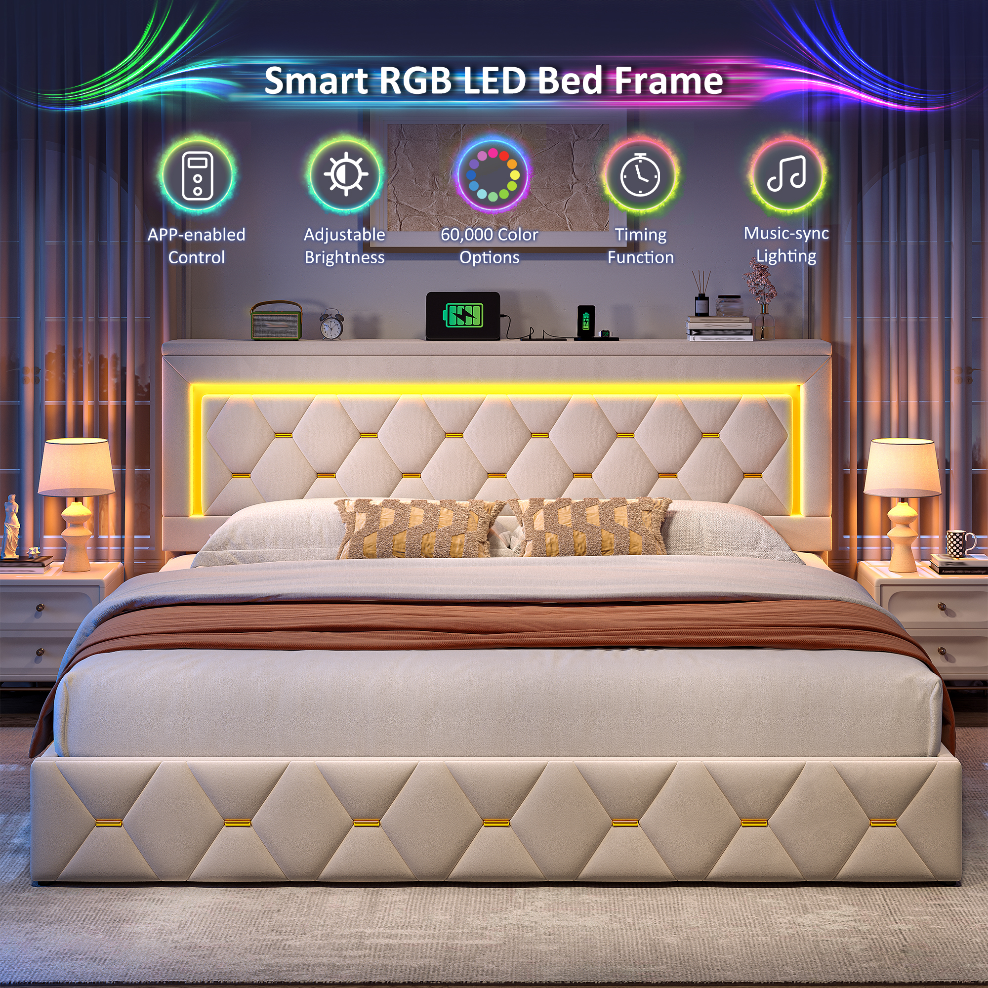 EnHomee LED Bed Frame with 4 Storage Drawers Platform Bed with Adjustable Storage Headboard & Charging Station, No Box Spring Needed