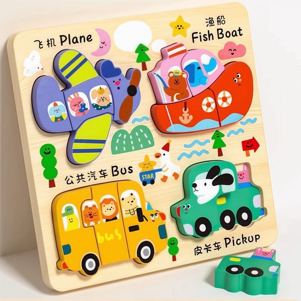 新しい 4-in-1 木製パズル 3D 漫画の動物認知ジグソーパズルポータブル 18 × 18 センチメートル早期学習パズルセット子供