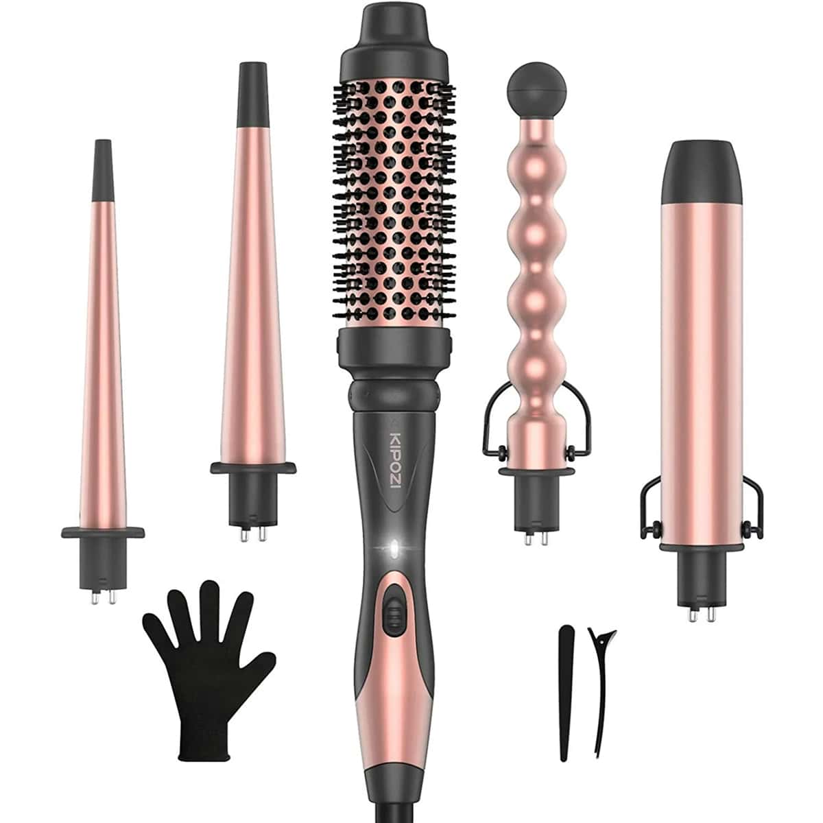5 in 1 ヘアアイロンワンドセット、インスタント加熱、4 つのセラミックバレルと 1 つのヘアアイロンブラシ付き