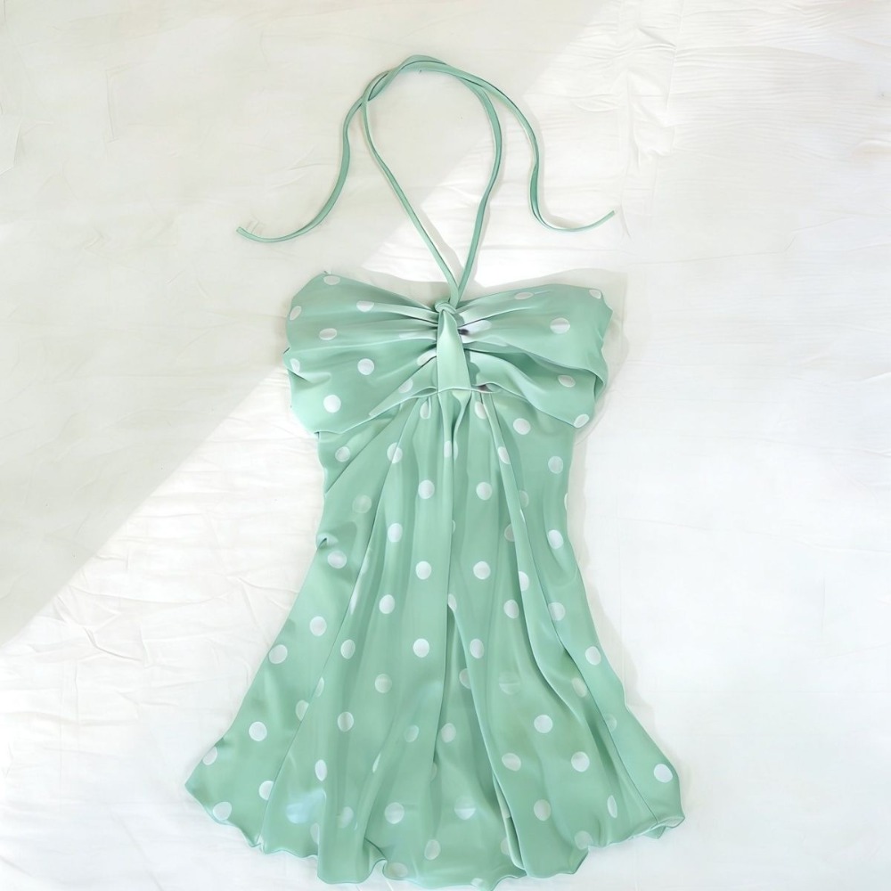 Y2k 甘い女の子 2000 年代ヴィンテージ服水玉グリーン夏スリムホルタートップファム原宿セクシーなキャミソール優しいファッショナブルなトップス