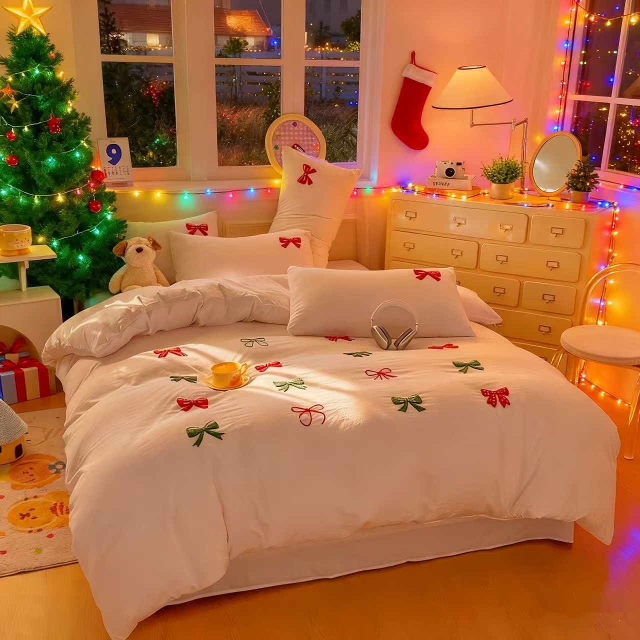 3 ピースシーツセット Chut ちょう結び刺繍布団カバーセット、クリスマス装飾快適な寝具セット、オールシーズン用ベッドカバー