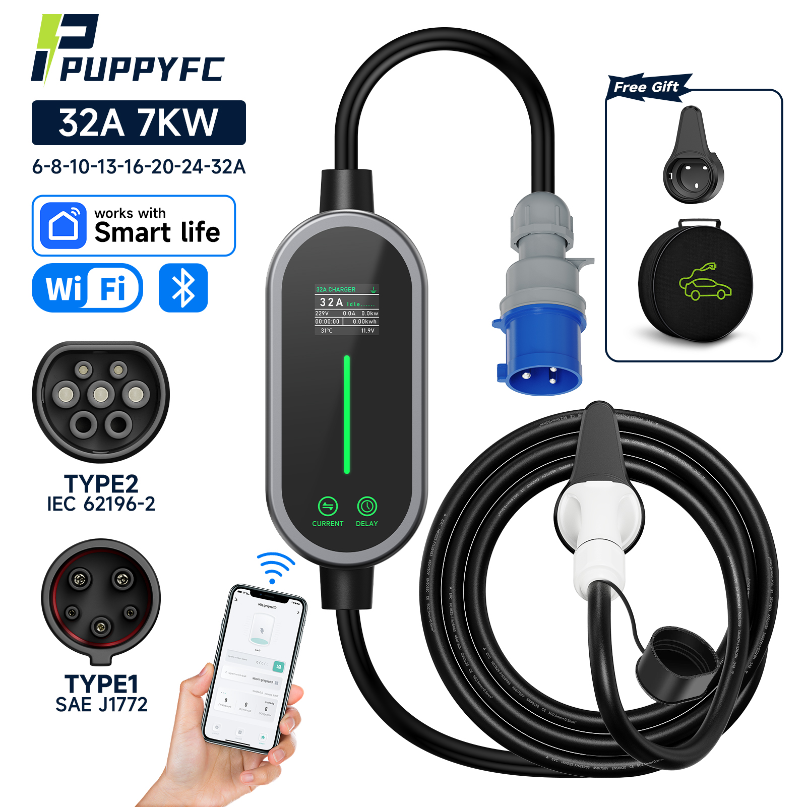 Puppyfc 7KW ホーム EV 充電器ポータブル Type2/Type1 ケーブル 32A CEE プラグ付き GBT Wi-Fi アプリ電気自動車テスラ BYD ヒュンダイ用