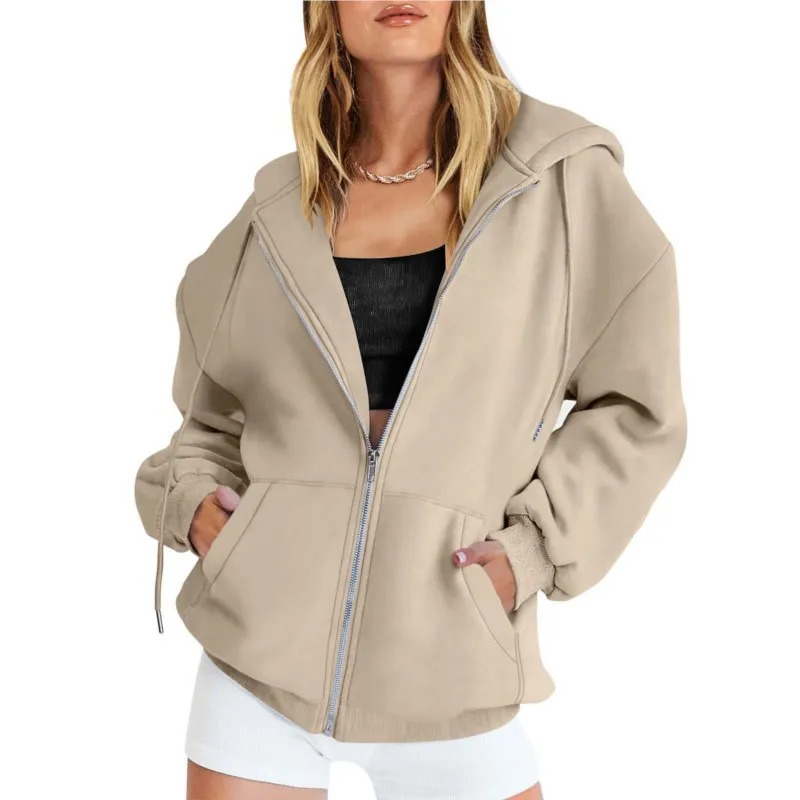 ファッショングレージップアップトレーナー女性秋冬ジャケット服パーカーデイリーポケット長袖ソリッド多彩な女性パーカー