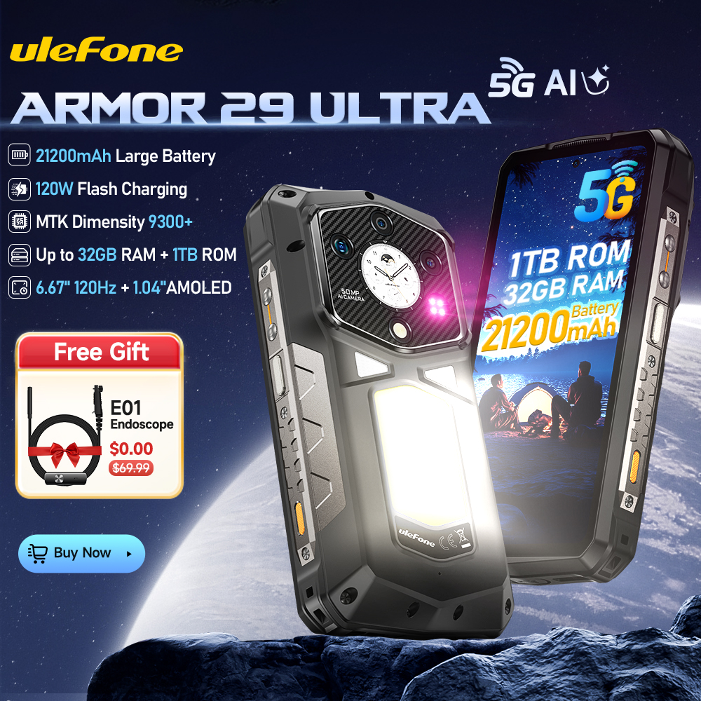 ワールドプレミア Ulefone Armor 29 Ultra 5G AI 頑丈な電話デュアルスクリーン寸法 9300 21200mAh 120Hz 1TB ROM 64MP、NFC、Android 15
