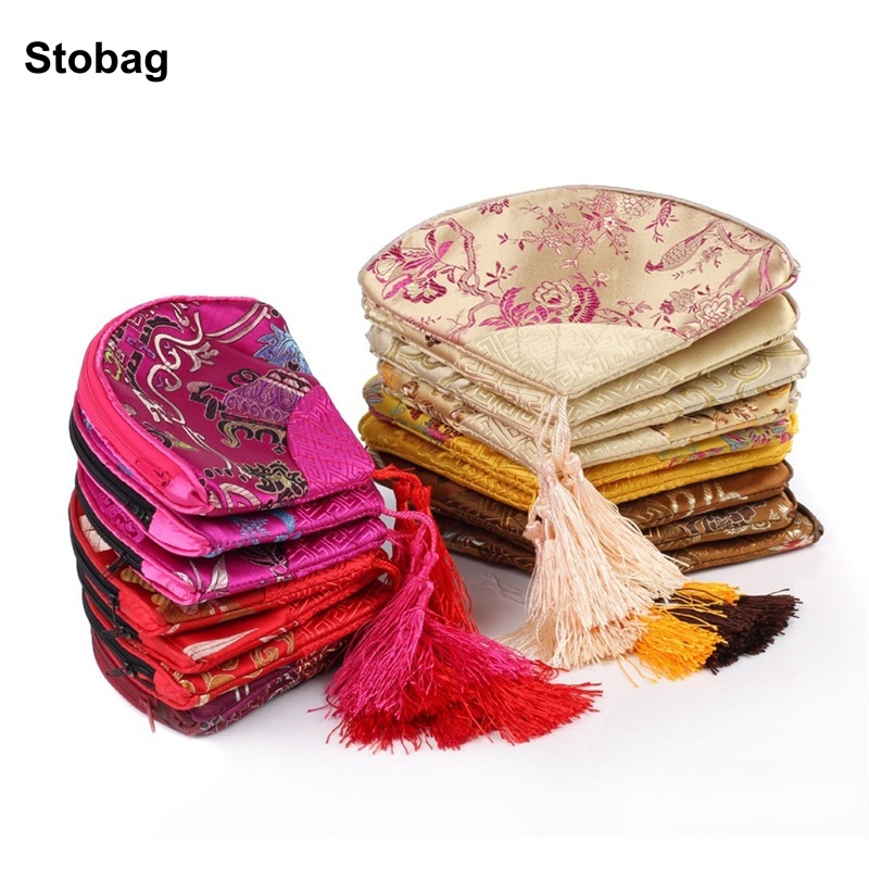 StoBag 5 個中国シルクコットンバッグジッパータッセルブロケードギフトジュエリー包装収納ポケット再利用可能なポーチ装飾