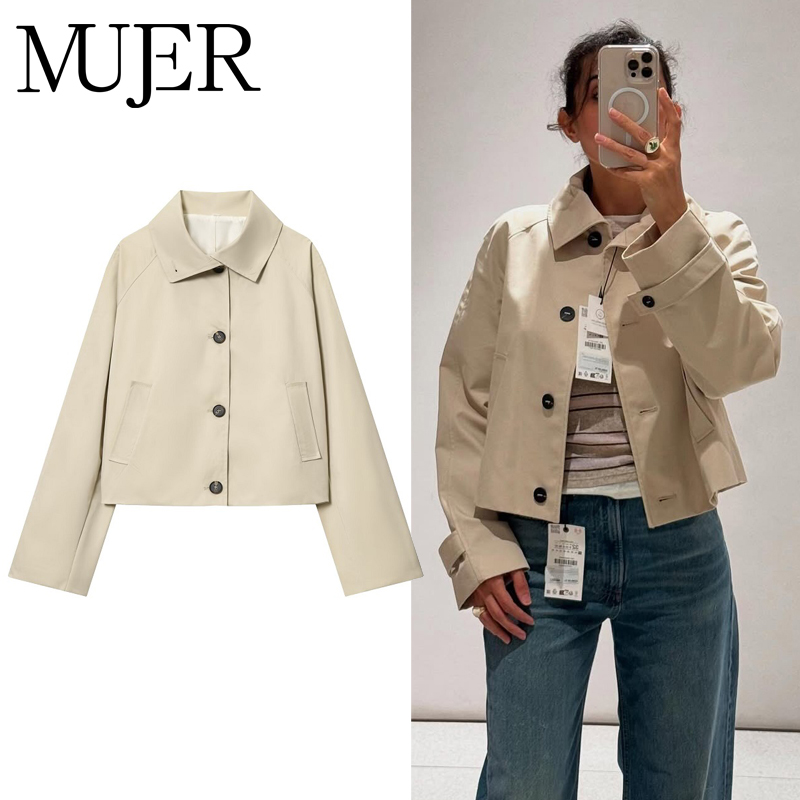MUJER レディース トレンチコート クロップド デミシーズン ジャケット レディース アウター ショート レディース ウインドブレーカー ボタン アウトドア コート レディース
