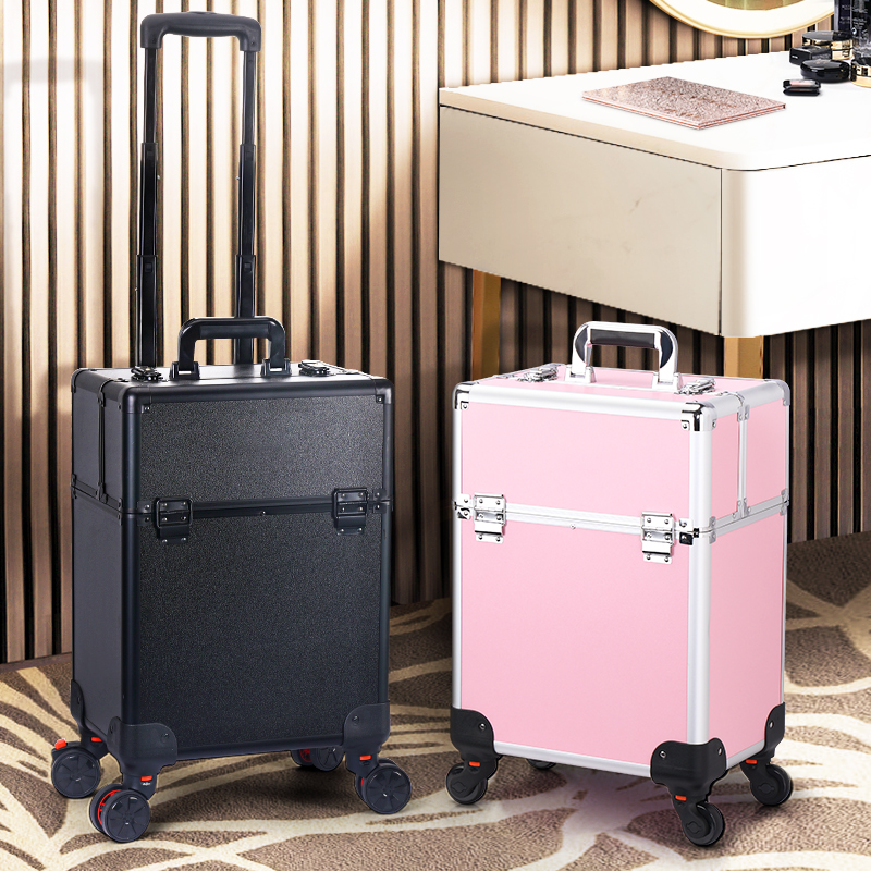 TravelRolling メイクアップトレインケース 大容量化粧品トロリー アルミニウム製プロフェッショナルトラベルケース キー付き