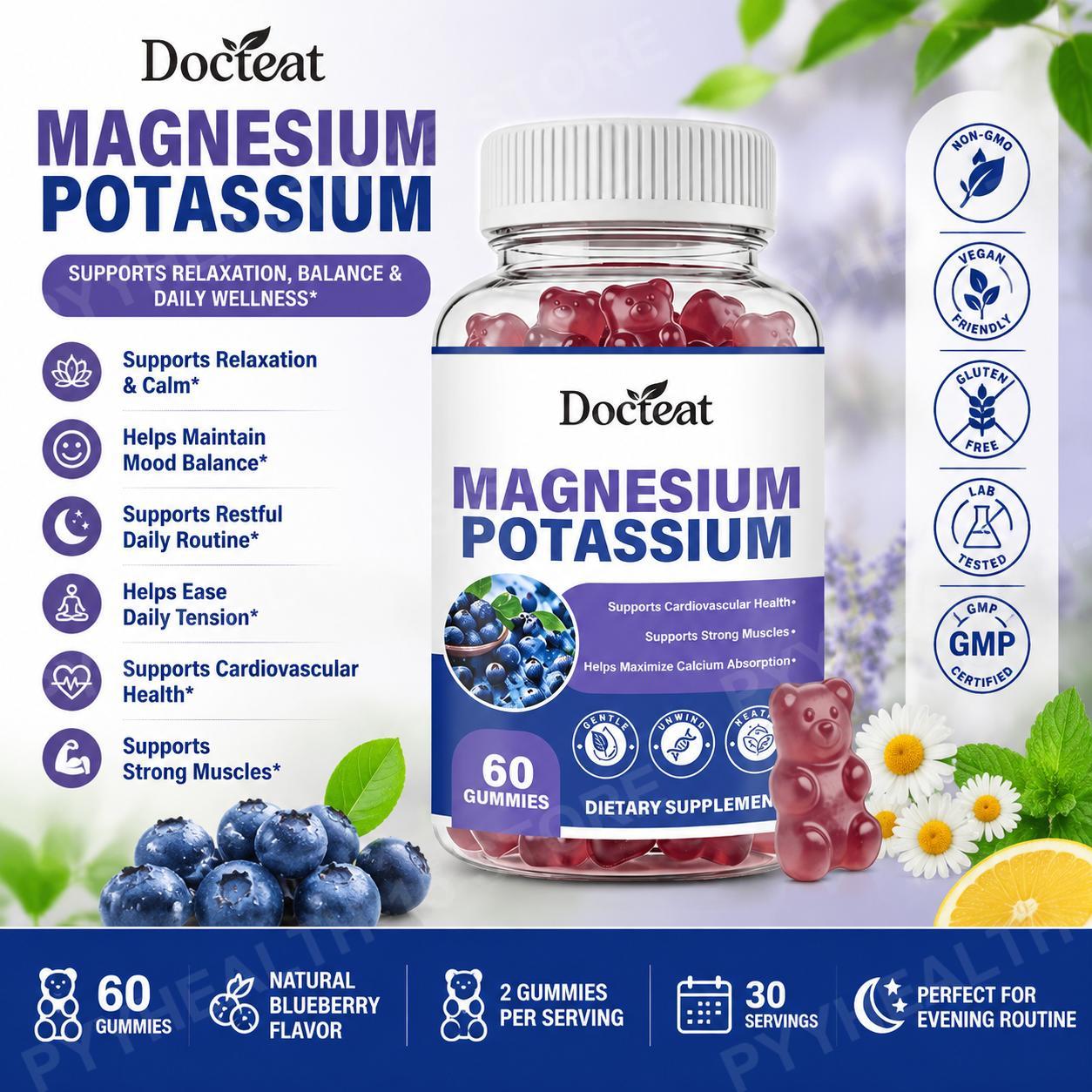 Docteat マグネシウム カリウム グミ GABA L-テアニン ビタミン B6 カモミールを配合したリラックスと穏やかなサポート、60 グミ