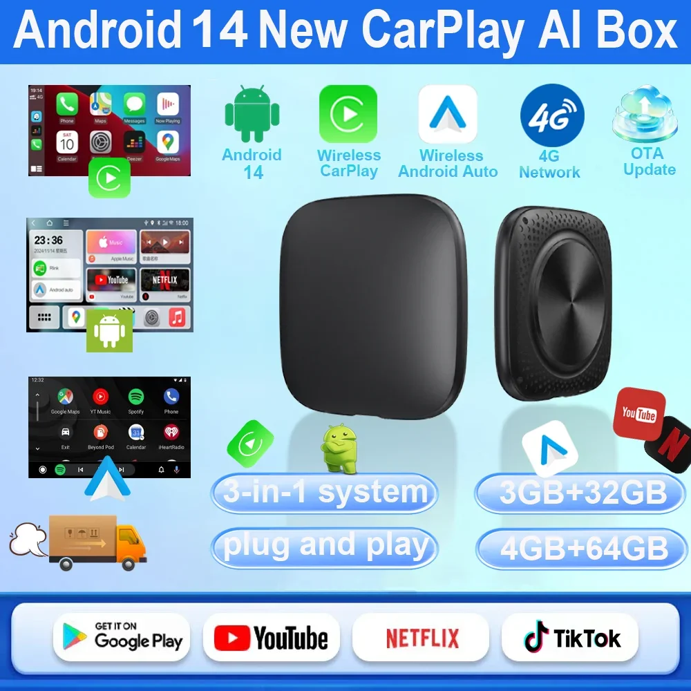 売れ筋車 AI ボックス Android 14 ワイヤレス Android Auto および CarPlay スマート TV ボックス、YouTube、Netflix カーアクセサリーをサポート