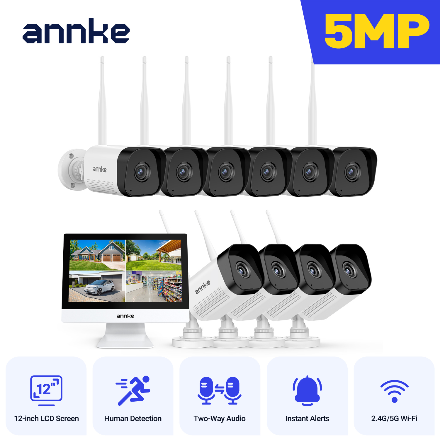 ANNKE 5MP ワイヤレスセキュリティカメラキット屋外防水 10CH NVR 12 インチモニター IP カメラ監視 CCTV システムセット