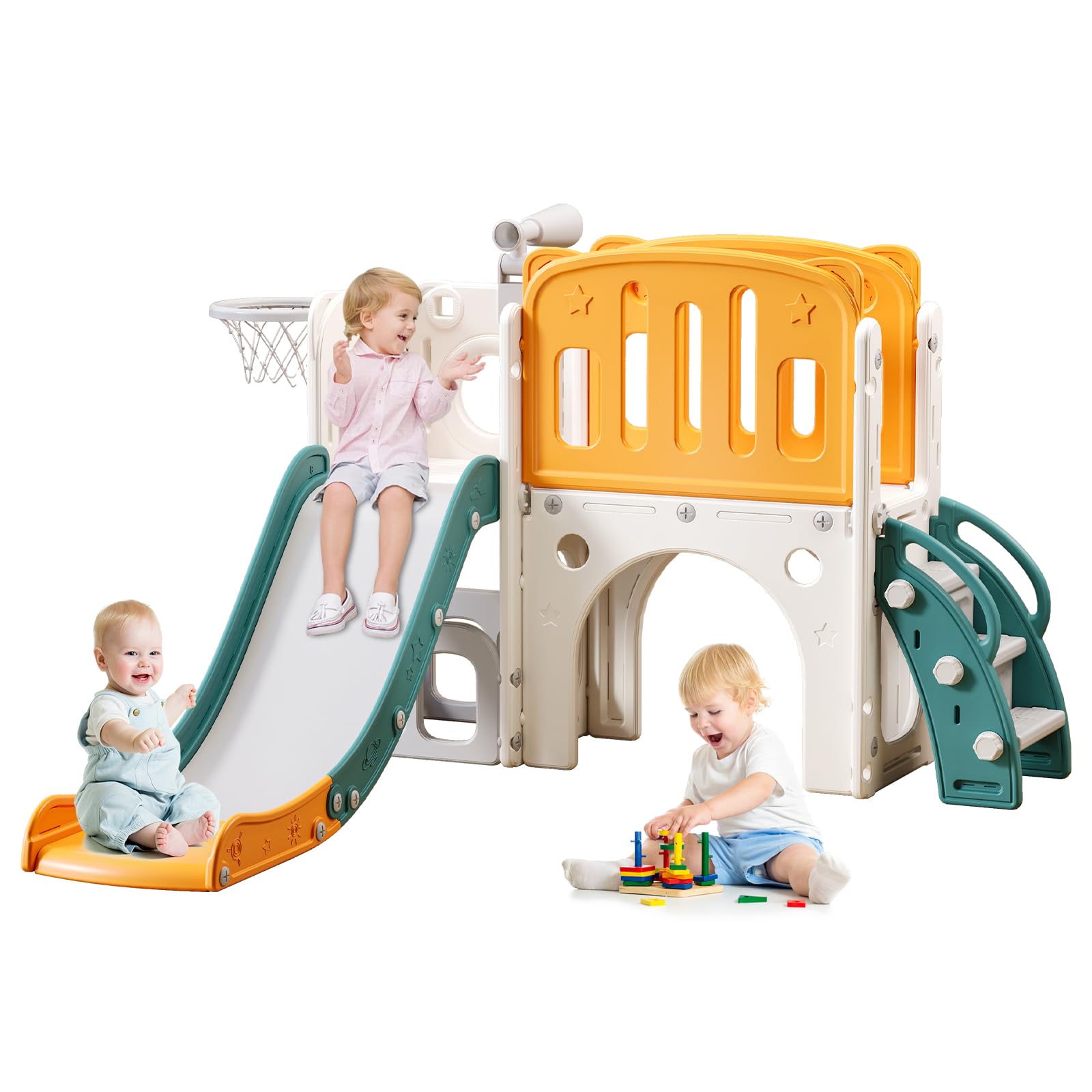 8 in 1 幼児用スライド 1～3 歳の幼児用、バスケットボールフープ付きエクストラロングスライド 屋内および屋外用ベビークライマープレイセット遊び場自立型スライド