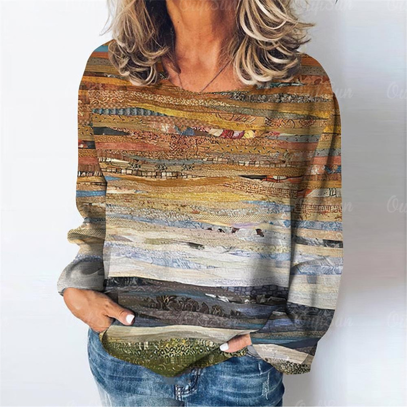 自然風景プリント長袖 Tシャツ秋カジュアル女性の Tシャツ毎日ルーズ女性服ヴィンテージストリートプルオーバー