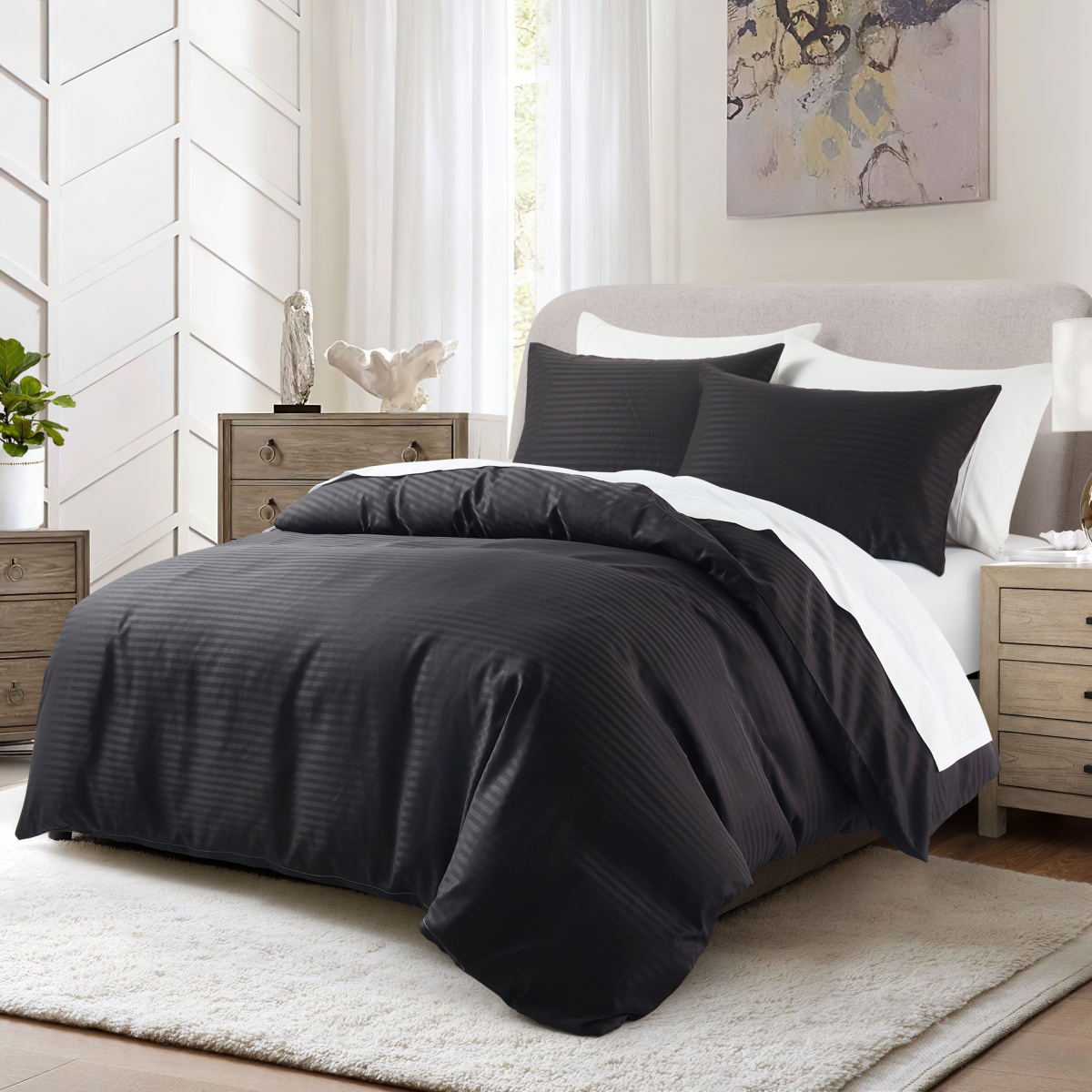 Black Satin Duvet Cover Super Soft Luxury Silky Stripes Reversible Bedding Set 2/3 Piece Twin Queen Comforter Cover with Zipper