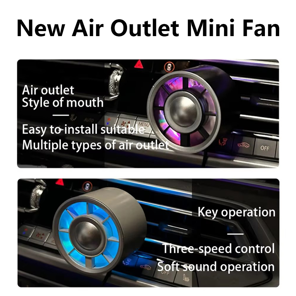 新しい車のミニファン空気出口ファングラデーションカラフルなアンビエントライトTypec充電ポートは99%の車の空気出口クリップファンに適しています