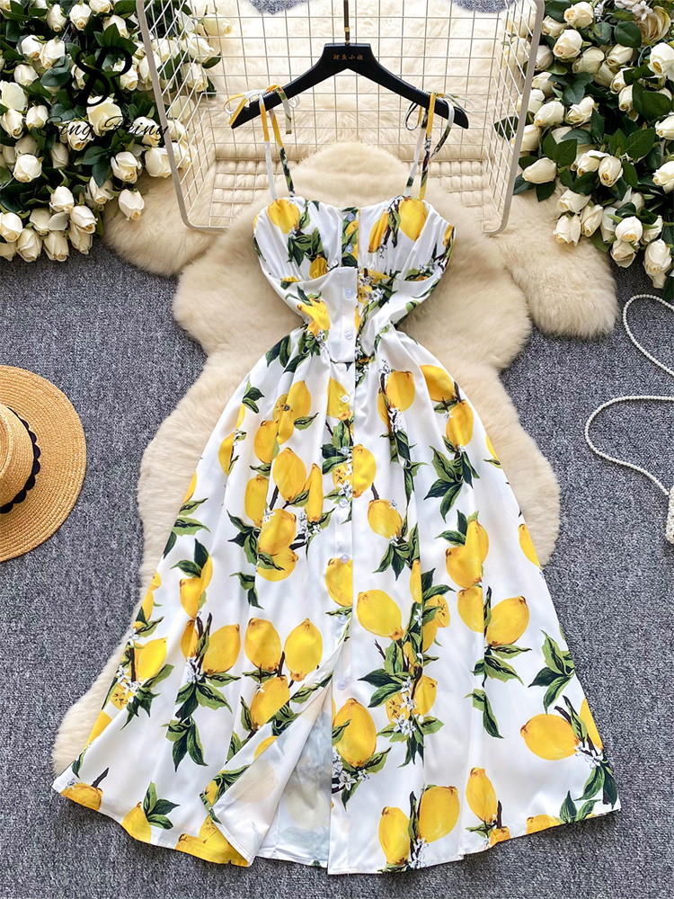 SINGREINY レモンプリントビーチミディドレス夏の女性スパゲッティストラップ A ラインバックレススプリット韓国ボヘミアン花柄サンドレス