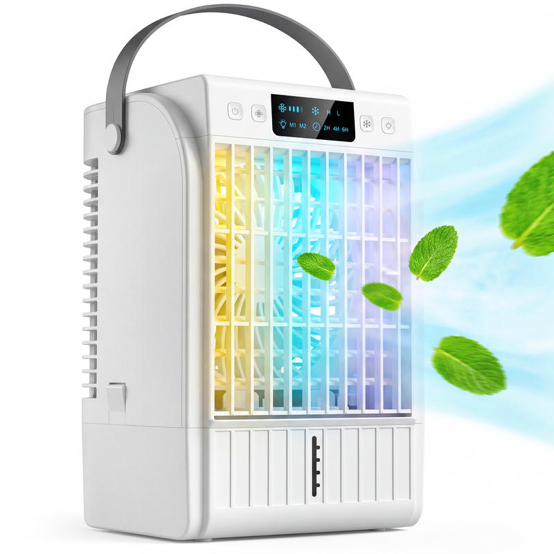 HOMCOM ポータブルエアコン、4-in-1 ミニエアクーラー、4 風速、2 ミストモード、RGB 7 LED ライト付き