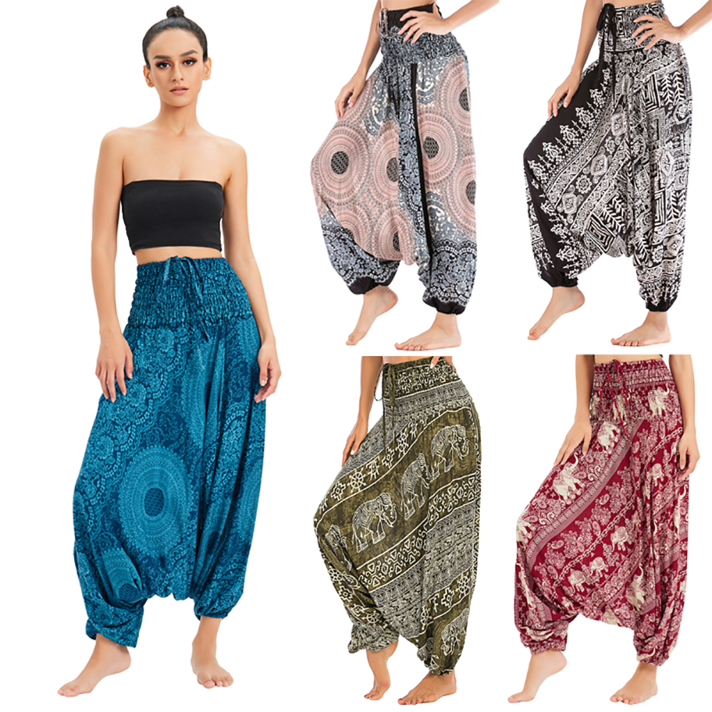 ボヘミアンパンツ女性 Pantalones Mujer ヒッピーハイウエストレーヨンハーレムだぶだぶ自由奔放に生きるヨガビーチウェアプールファムカルカ Feminina プリント