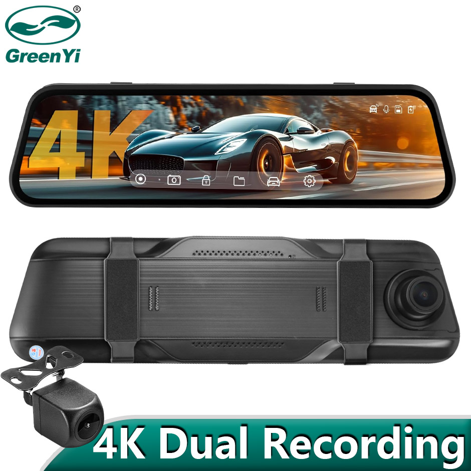 GreenYi 9 インチレコーダー車 DVR パーキングミラーモニター 4K フロント 1080 リア自動車 HD ダッシュカムデュアルレンズ WIFI 24H GPS オプション