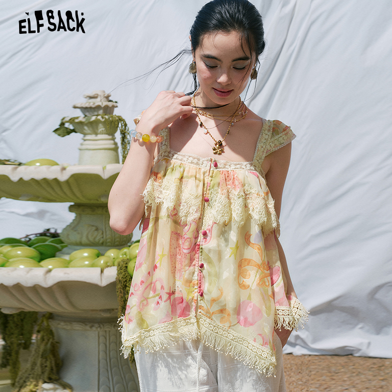 ELFSACK レーストリム、タッセルディテール付き花柄シフォンキャミソール