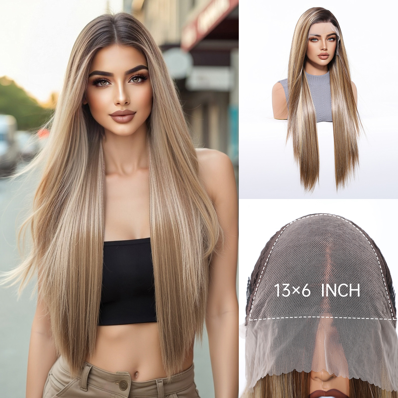 ブロンドハイライトウィッグロングストレート 13*6 レースフロントオンブルブラウンルーツナチュラルヘアライン人工毛女性のためのデイリーコスプレウィッグ