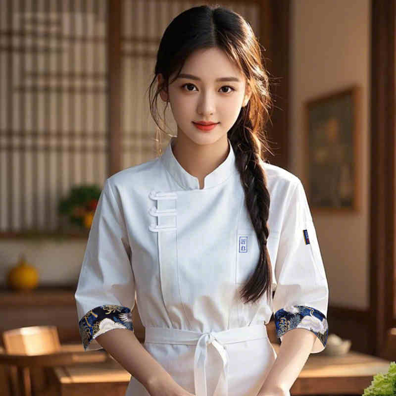 中国風のシェフの制服ユニセックス夏通気性半袖キッチンコックワークトップスホテルベーキングカフェレストランシェフコート