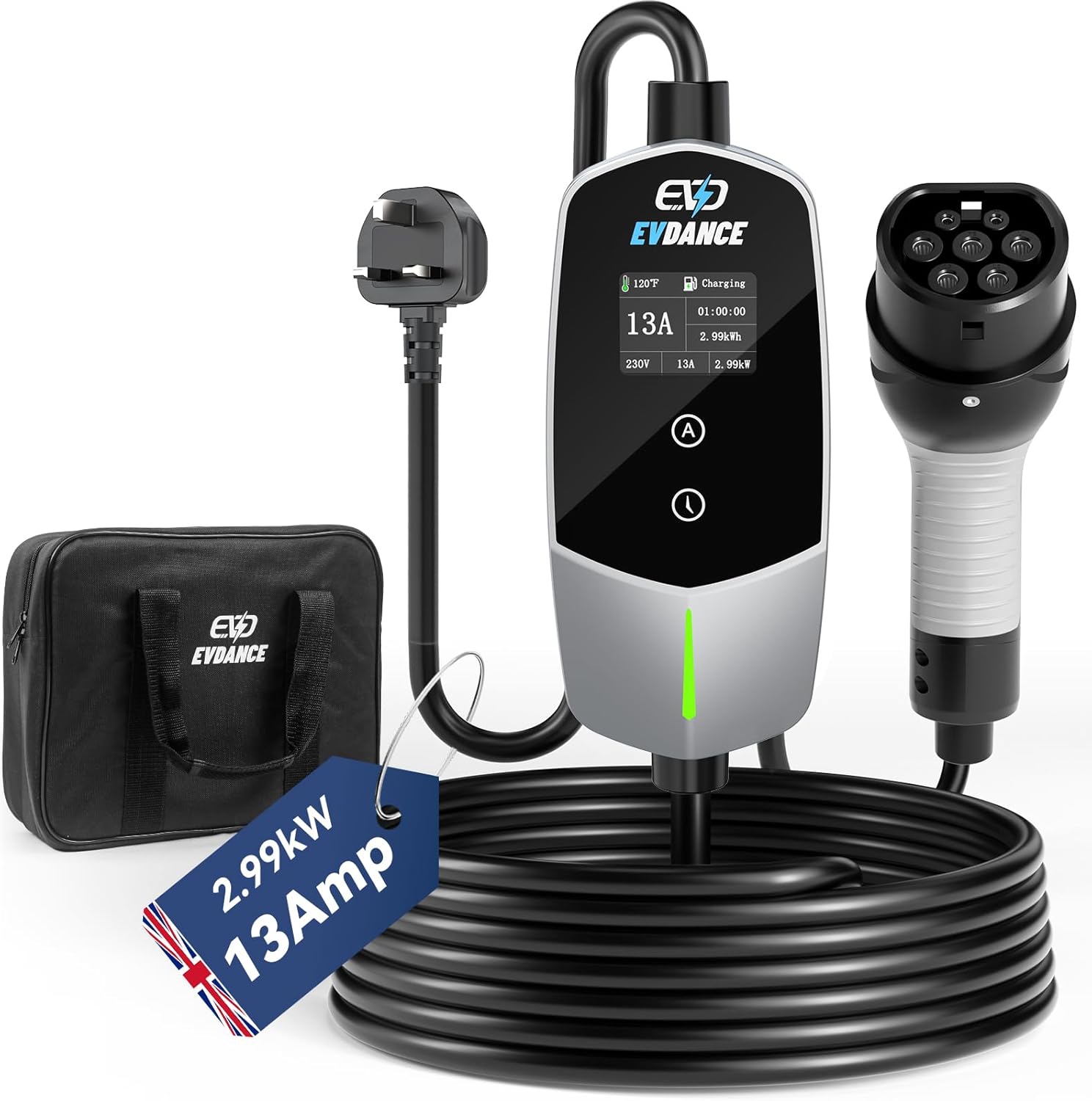EVDANCE ポータブル EV 充電器タイプ 2 英国プラグ 13A 2.99KW EVSE 充電器電流調整可能な電気自動車充電器家庭用屋外使用