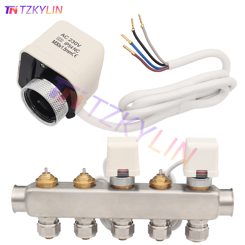 4 線サーマルアクチュエータ NC 230V/DC24V、床暖房マニホールド用 M30x1.5mm ネジ、ノーマルクローズ電動アクチュエータ