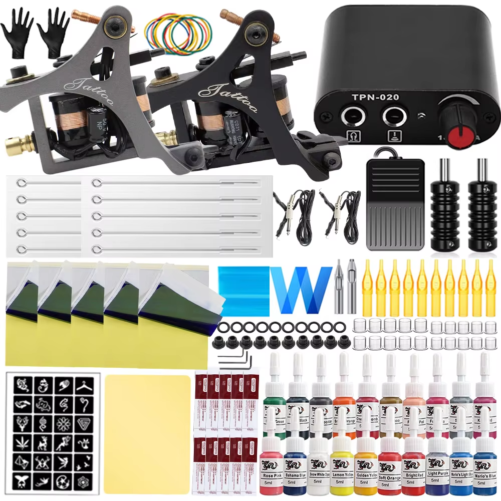 Complete Coils Tattoo Machine Kit  Tattoo Ink Needles Set with Power Supply Grips Body Art Tools Set Permanent Makeup Tattoo Set