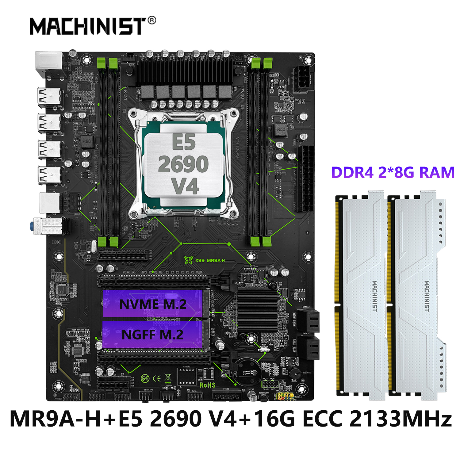 MACHINIST MR9A-H X99 LGA 2011-3 マザーボードセットキット Xeon E5 2690 V4 CPU プロセッサ DDR4 16GB(2*8G) RAM 2133MHz メモリコンボ付き