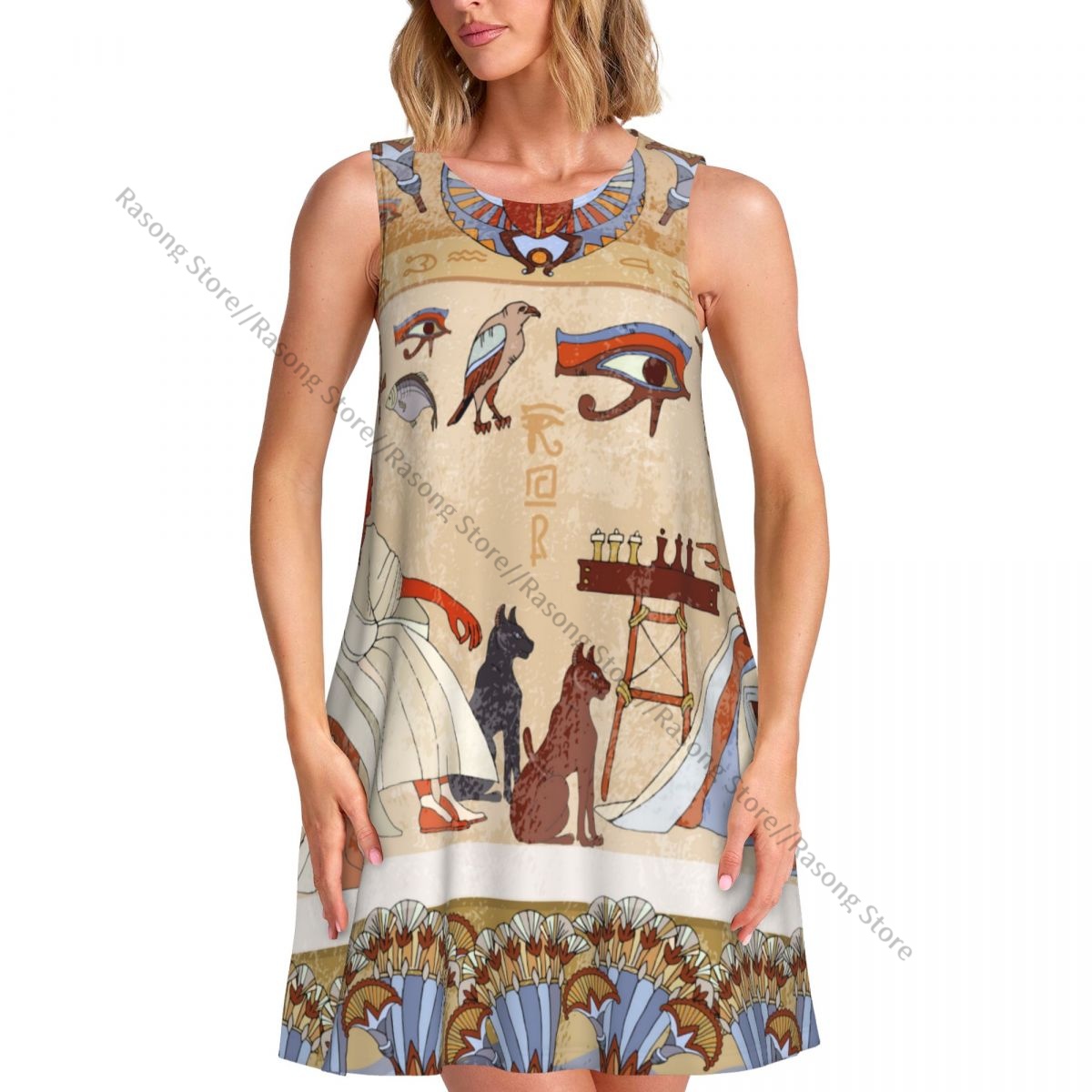 女性のドレス壁画古代エジプトシーンエジプトの神々ファラオ象形文字夏カジュアル Tシャツビーチカバーアップタンクドレス