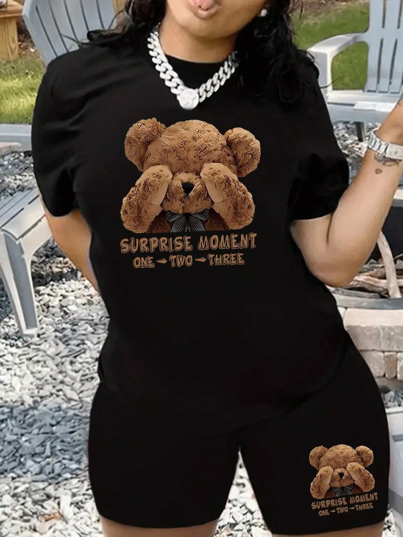 サプライズモーメント 1 2 3 テディベア Tシャツセット女性ファッション O ネック 2 点セット通気性コットンショーツ特大 Tシャツ