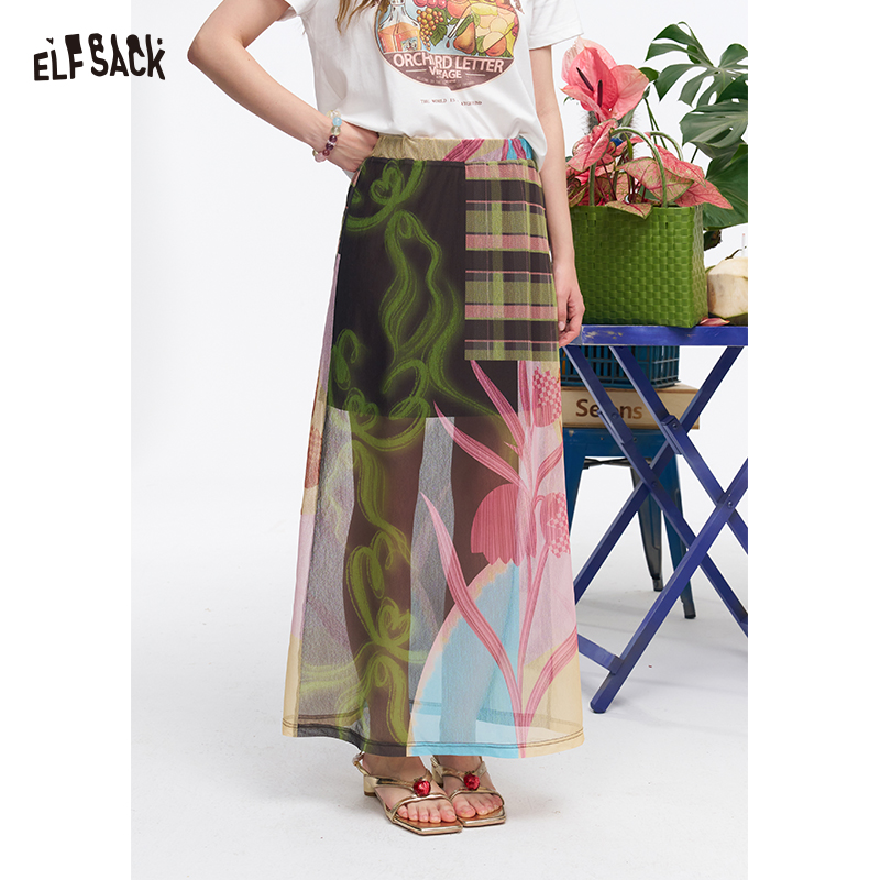 ELFSACK レディース パッチワーク ミディスカート 花柄