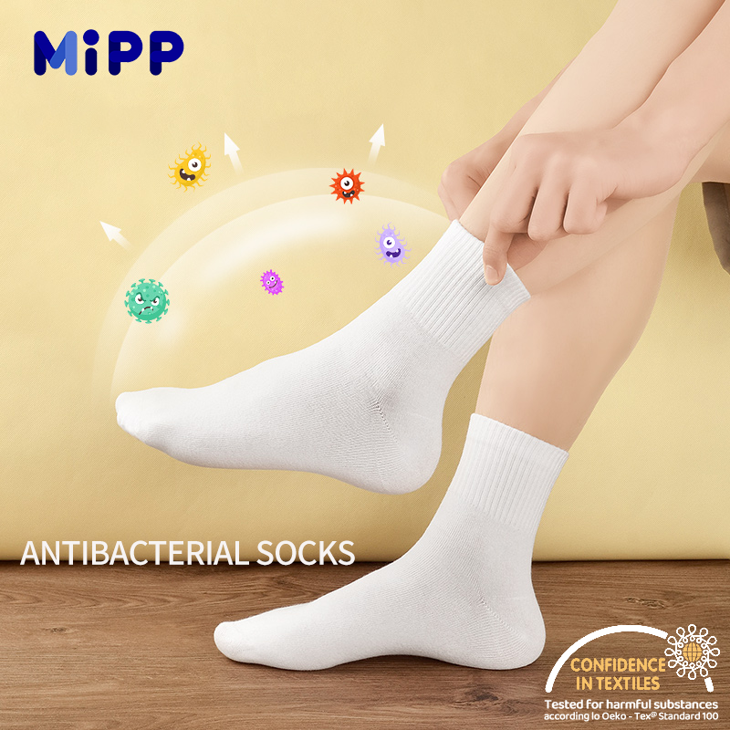 MIPP ブランド学生抗菌ミッドチューブソックス、オールコットン抗臭ピュアホワイト、スポーツ学校の子供、男の子、女の子