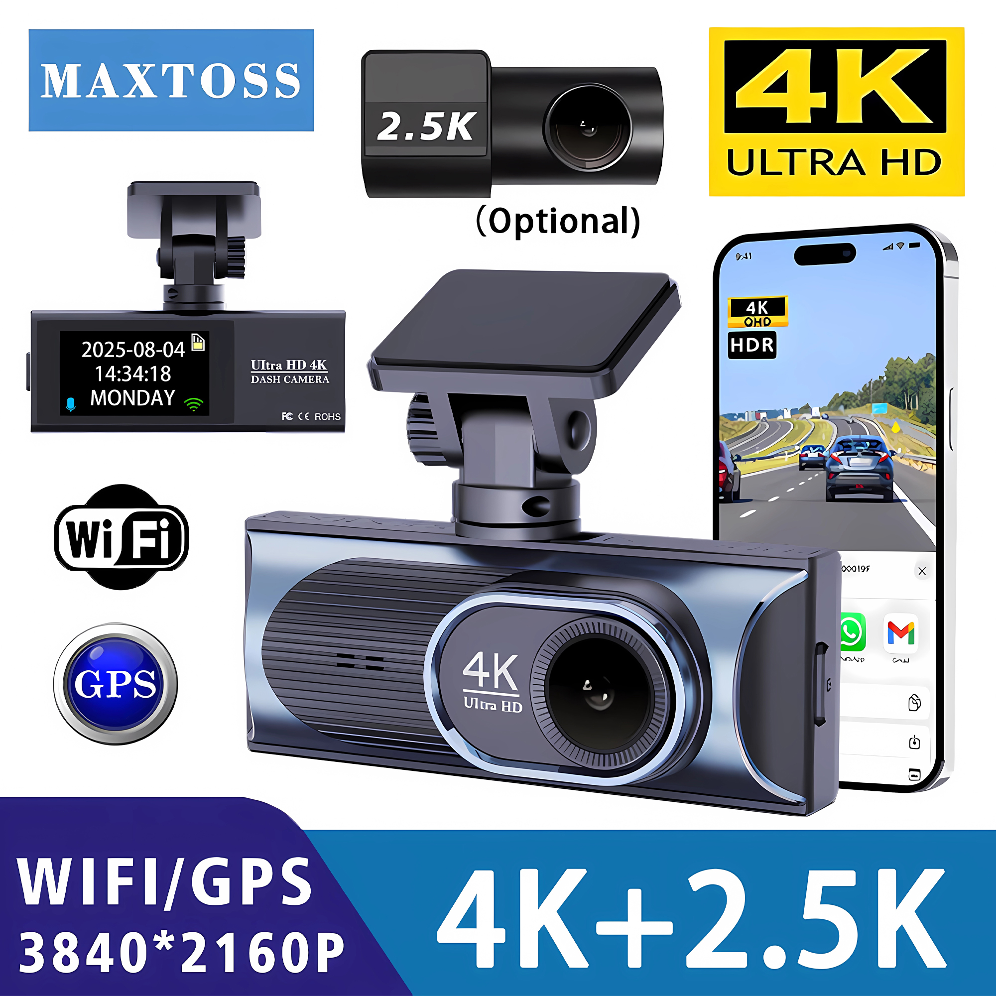 4K WIFI ダッシュカム GPS 2160P 車 DVR フロントと 2.5K リアデュアルレンズ自動車カメラナイトビジョン G センサー 24 時間駐車ブラックボックス